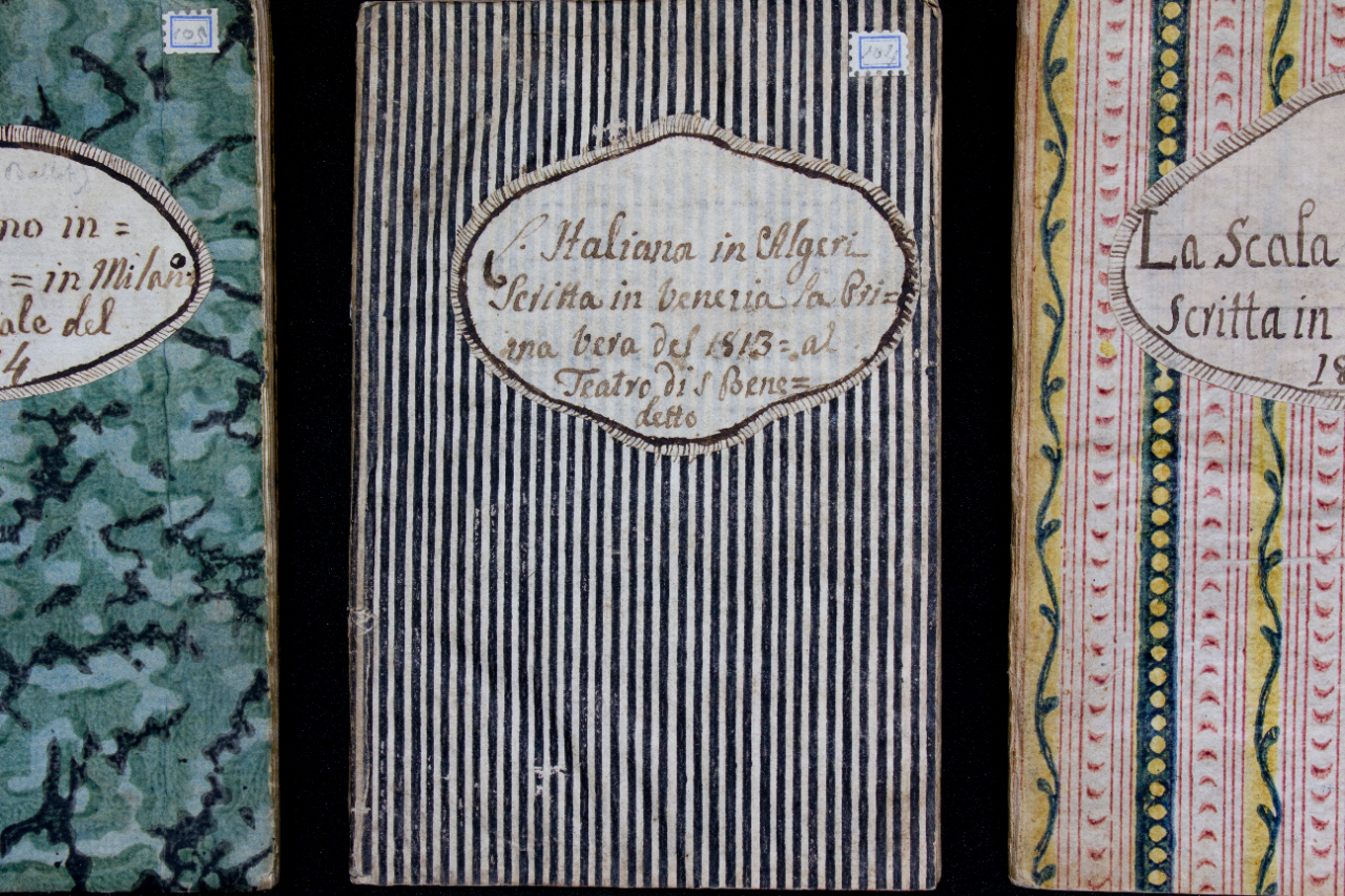 Giuseppe Rossini (ca. 1760-1839), father of Gioachino, collected the libretti of the premieres of the operas and cantatas of his son. He gave these booklets a simple paper binding, usually with color printing, on which he applied self-made labels. FEM-858-863.
